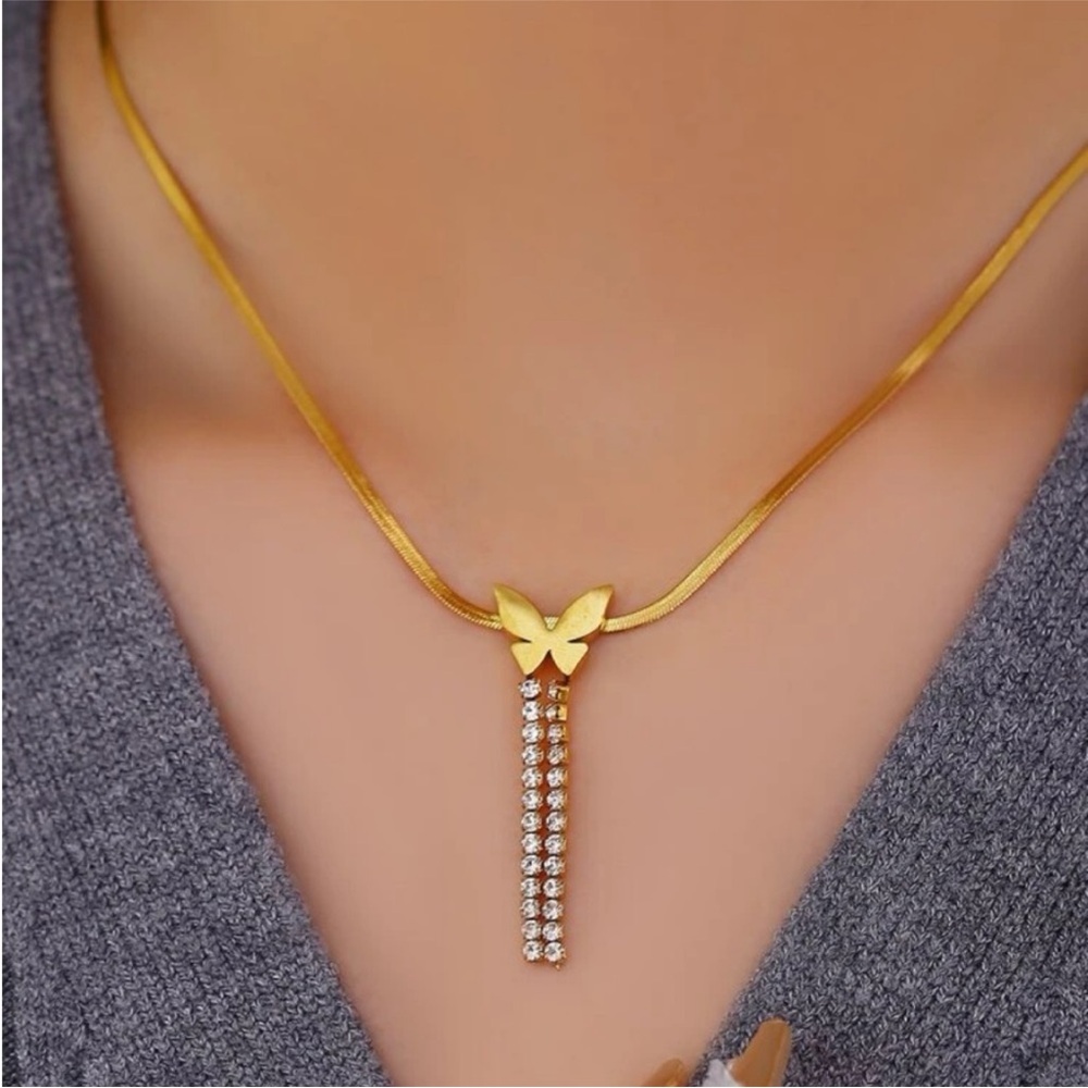 Gold Butterfly CZ Dangling Tassel Pendant Choker Necklace